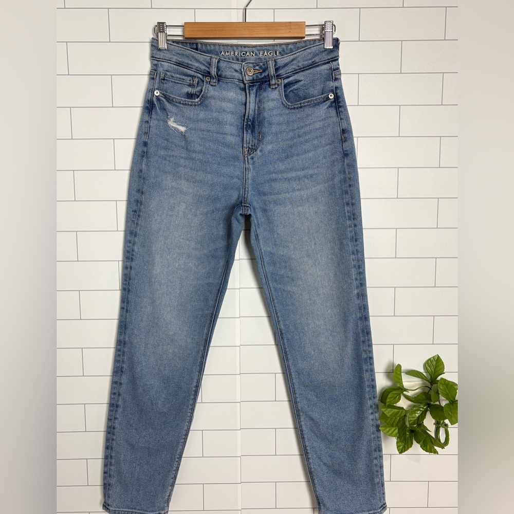 American Eagle Mom Jeans High Rise Size 4 Regular Light Wash Destroyed Denim
